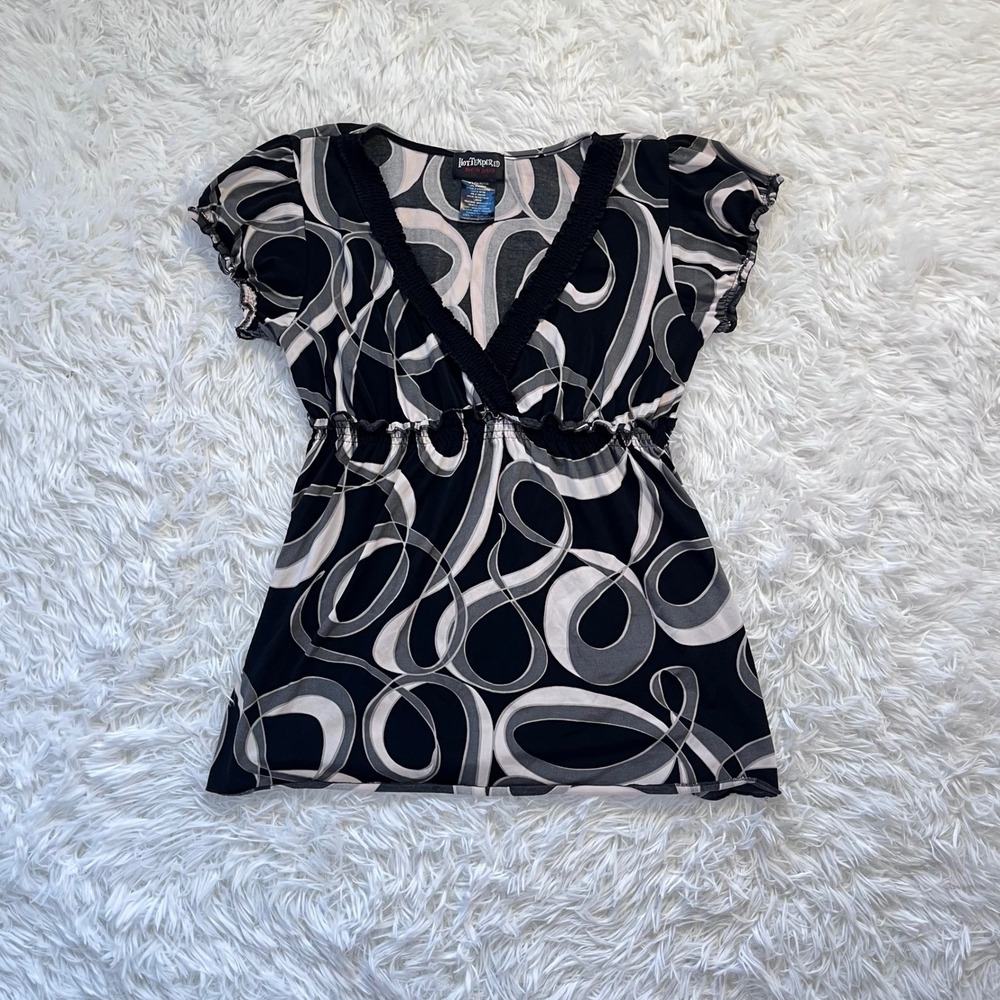 y2k black, white, gray swirl pattern lace trim baby doll top large